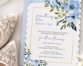 Something Blue Bridal Shower Invitation, Blue Floral Bridal Shower, Garden Bridal Shower, Die Cut, Printed Invite, Scalloped Edge, Editable