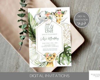 Wild One Birthday Invitations, Safari Animals, Elephant, One Year Birthday Invites, First Birthday, 1st Birthday, Digital