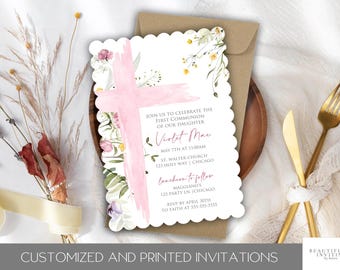 First Holy Communion Invitation for Girl,  Cross Invite, Printed Invitation, Watercolor Invite, Communion Card, Die Cut, Editable, Chic