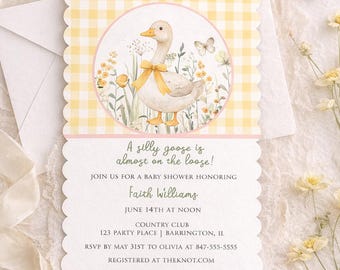 Silly Goose on the Loose Baby Shower Invitation, Gingham  Invite, Mother Goose, Baby Girl, Scalloped Edge, Printed Invite, Die Cut, Editable