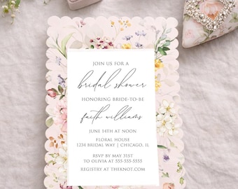 Wildflower Bridal Shower Invitation, Boho Floral, Garden Bridal Shower, Die Cut, Printed Invite,  Custom, Scalloped Edge, Editable