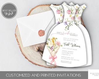 Fresh Off the Market Bridal Shower Invitation, Farmer's Market Invite, Editable, Die Cut,  Brunch, Lunch, Modern, Chic, Floral Bouquet