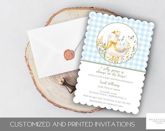 Silly Goose on the Loose Baby Shower Invitation, Gingham  Invite, Mother Goose, Baby Boy, Scalloped Edge, Printed Invite, Die Cut, Editable