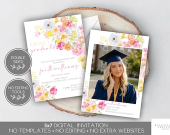 Freshly Graduated Invitation, Citrus Floral Grad Party Invite, Watercolor Lemon Orange Flowers, Summer Graduation, Digital Download