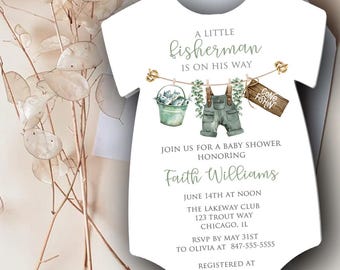 Fishing Baby Shower Invitation, A Little Fisherman is on the Way, Die Cut, Printed, Editable Invite