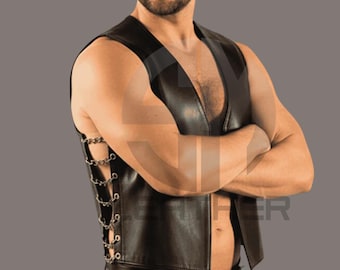 Echt zwart leren bikervest heren slim fit gilet met zijkettingdetail