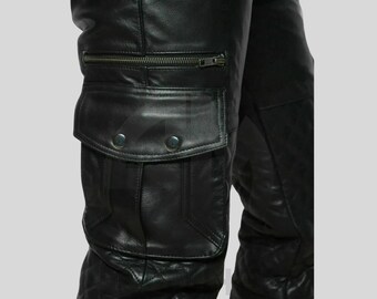 Men's Cargo Trousers Real Leather Black Pants Biker Fit Trousers Motorbike Pant Custom Made