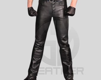Men's Genuine  Leather Jeans Classic Slim Fit Biker Trousers Custom Made