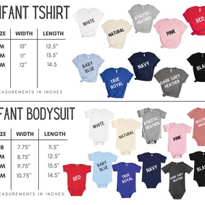 May include: A product image showcasing infant t-shirts and bodysuits in various colors, including white, pink, and navy. The image includes size charts with measurements in inches for both t-shirts and bodysuits, with sizes ranging from newborn to 18 months.
