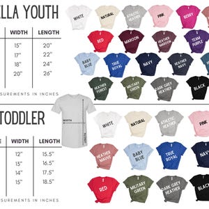 May include: A chart displaying Bella Youth and Toddler t-shirt sizes, colors, and measurements in inches. The Bella Youth sizes range from YS to YXL, and Toddler sizes range from 2T to 5T. Various t-shirt colors are shown.