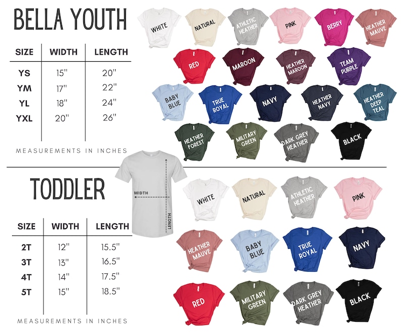 May include: A chart displaying Bella Youth and Toddler t-shirt sizes, colors, and measurements in inches. The Bella Youth sizes range from YS to YXL, and Toddler sizes range from 2T to 5T. Various t-shirt colors are shown.