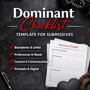 Może przedstawiać: Obraz przedstawia narzędzie do wyrażania zgody i komunikacji BDSM. Tytuł "Dominant Checklist" jest w kolorze białym i czerwonym. Obraz zawiera listę kontrolną, kajdanki, obrożę i bat. Lista kontrolna obejmuje granice, preferencje i zgodę.