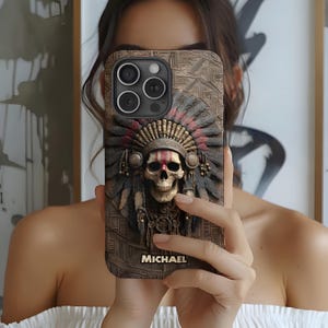 Custom Warrior Skull Phone Case, Tribal Chief Tech Cover, Personalized Gift Gifts Gifted