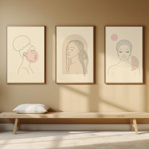 Afro-Puff- und Box-Braids-Strichzeichnungen, 3er-Set, Kunstdrucke von schwarzen Frauen mit lockigen Haaren, Wanddeko in Rosé und Elfenbein, afrikanisch inspiriert, zum Ausdrucken