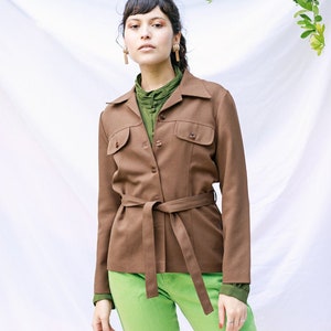 60s Dark Brown Belted Jacket Vintage Mid Sleeve Pocket Jacket image 1