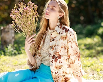 80s Cream Foliage Floral Silk Robe Vintage Flower Beige Long Sleeve Jacket