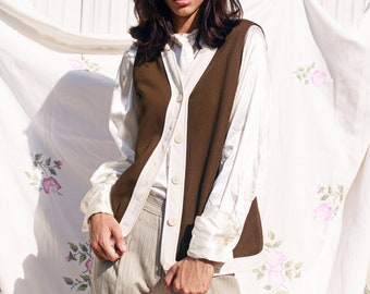 60s White Brown Trim Sleeveless Vest Vintage Knit Button Jacket