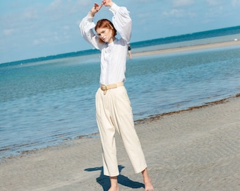 60s Light Beige Corduroy Trousers Vintage Cropped Straight Leg Pants