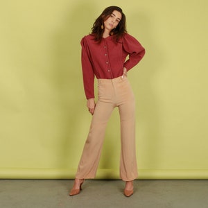 60s Cream Silk Fitted Trousers Vintage High Rise Flare Sheen Trousers