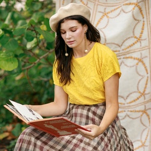 80s Bright Yellow Eyelet Cotton Blouse Vintage Short Sleeve Embroidered Crop Top image 2