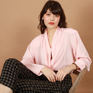 80s Soft Pink Wrap Blouse Vintage Vneck Collar Elegant Top