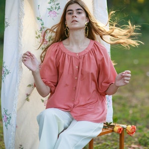 70s Rose Pink Shiny Tunic Blouse Vintage Oversize Boho Mid Sleeve Top image 1