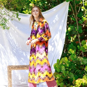 60s Colorful Purple Yellow Mod Print Robe Vintage Psychedelic Long Jacket Dress image 1