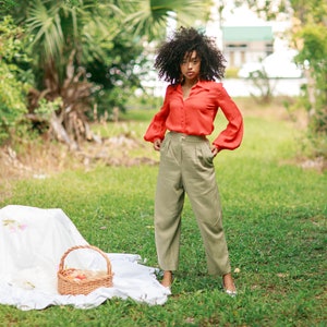 80s Light Green High Waisted Trousers Vintage Linen Pocket Pleated Pants