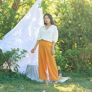 80s Orange Sunflower Yellow High Waisted Trousers Vintage Wide Leg Rayon Pants