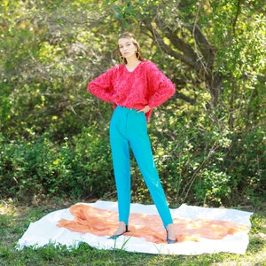 80s Bright Blue Sheen High Waisted Legging Pants Vintage Fitted Trousers image 1