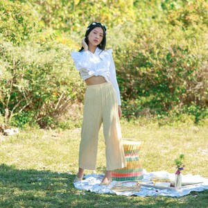 80s Beige High Waisted Stretchy Cropped Pants Vintage Cream Nylon Crinkled Trousers