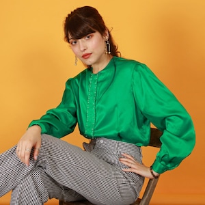 80s Green Shiny Beaded Blouse Vintage Pleat Jewel Tone Elegant Top