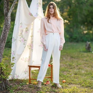 80s White High Waisted Classic Trousers Vintage Belted Straight Leg Pocket Pants