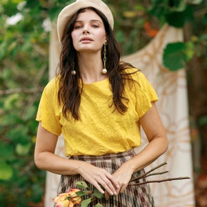 80s Bright Yellow Eyelet Cotton Blouse Vintage Short Sleeve Embroidered Crop Top image 1