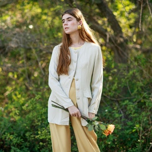 80s Beige Striped Fitted Blazer Vintage Stripe Long Sleeve Button Jacket
