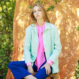 70s Aqua Pastel Blue Knit Blazer Vintage Long Sleeve Pocket Knitted Jacket
