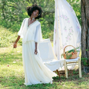 70s Cream Chiffon Rhinestone Ethereal Dress Vintage Romantic Long Maxi Dress