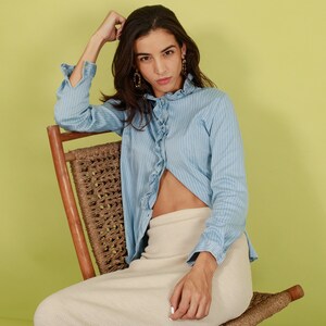 70s Light Blue Wool Floral Blouse Vintage Ruffle Collar Long Sleeve Dainty Blouse