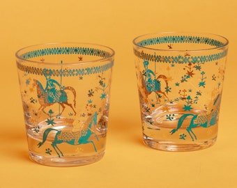 Set of 2 Vintage 50s Teal Blue Gold Novelty Short Clear Glass Cups