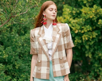 80s Brown Beige Plaid Blazer Vintage Short Sleeve Checkered Double-Breasted Jacket