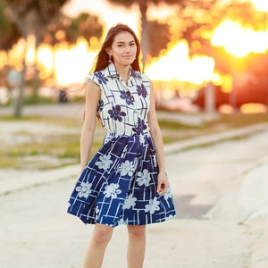 50s Blue White Floral Sleeveless Dress Vintage Formal Pleat Graphic Party Dress