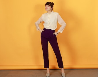 80s Dark Purple High Waisted Soft Trousers Vintage Straight Leg Fitted Pocket Pants