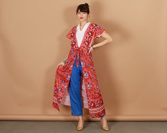 70s Red Colorful Floral Robe Vintage Wrap Summer Long Jacket