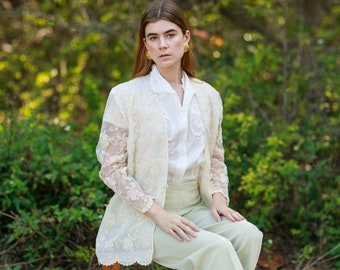 80s Off White Lace Embroidered Jacket Vintage Victorian Sheer Long Sleeve Blazer