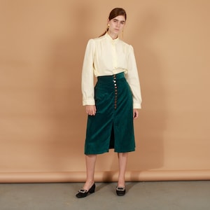 70s Emerald Green Velvet High Waisted Skirt Vintage A Line Button Skirt image 1