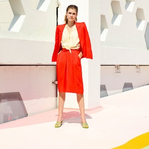 60s Bright Red Linen Matching Suit Vintage Blazer Skirt Structured Suit
