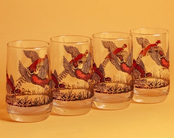 Set of 4 Vintage 70s Black Red Bird Novelty Drinking Clear Glasses Cups