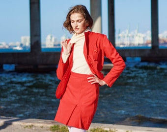 60s Red Long Sleeve Structured  Blazer Suit Vintage Mod Skirt Pocket Suit