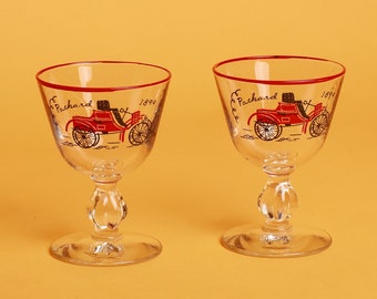 Vintage Set of 2 50s 1899 Packard Classic Car Novelty Clear Glass Cocktail Glasses