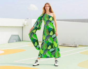 70s Leaf Green Colorful Print One Shoulder Dress Vintage Asymmetrical Long Maxi Dress